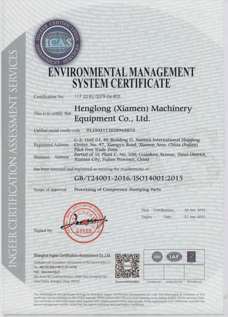 China Henglong (Xiamen) Machinery Equipment Co., Ltd. Certificações